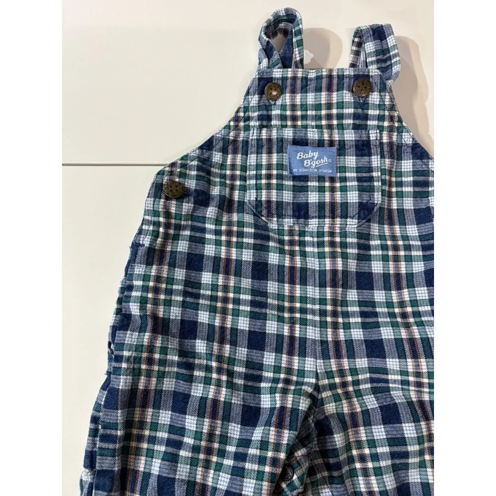Vintage OshKosh Blue Green White Plaid Cotton Bib Overalls One-Piece 12m